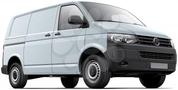 High quality vector image of white European cargo van, isolated on white background. File contains gradients, blends and transparency. No strokes. Easily edit: file is divided into logical layers and groups.
