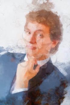 Watercolor painting Portrait of handsome man in the black suit. Head and shoulders shot. Hand near head.