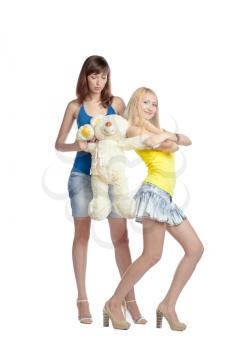 Two young women with different colors of the hairs with teddy bear isolated on white background in different emotional states