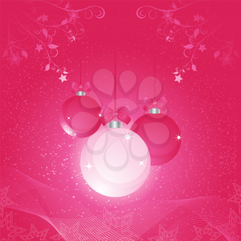 Royalty Free Clipart Image of Pink Baubles on a Floral Background With Snowflakes