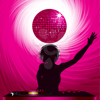 Royalty Free Clipart Image of a Female DJ Mixing on a Record Deck