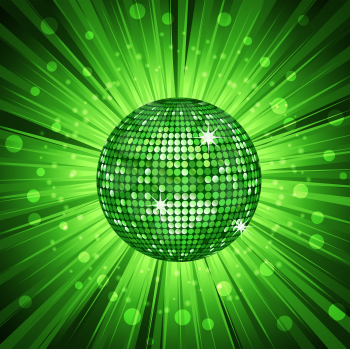 Royalty Free Clipart Image of a Sparkling Green Disco Ball Background