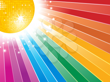 Royalty Free Clipart Image of a Disco Ball on a Rainbow Background