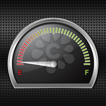 Fuel gauge with needle pointing to empty on a black metallic background
