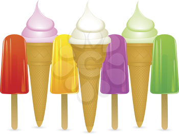 Ice cream cones with flavoured ice creams and ice lollies