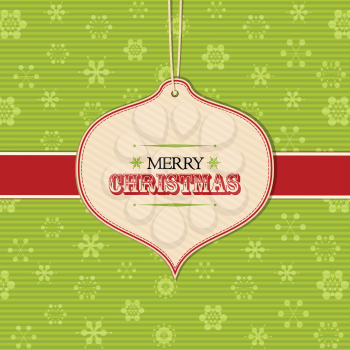 Christmas background with bauble label and ribbon on green snowflakes 