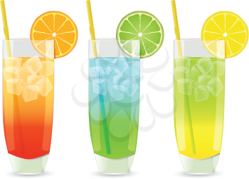Cocktails in highball glasses with ice, lemon, orange and lime slices