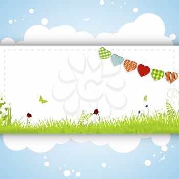 Spring Panel Background with Bunting on Fluffy Clouds