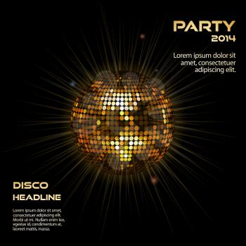 Disco ball background in glowing gold on with sample text