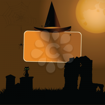 Halloween Sign Label with Hat Over Spooky Background with Moon Cat and Tombstone