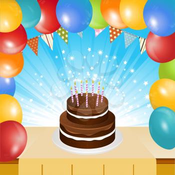 Birthday Chocolate Cake with Candles on Table Top with Balloons Frame and Star Burst Background