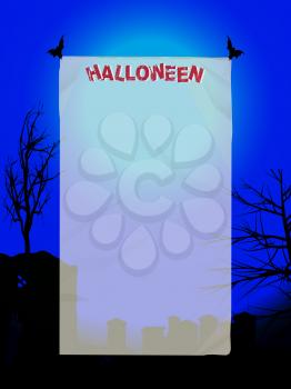 Halloween Poster Copy Space Holded By Bats with Decorative Text Over Dark Blue Background with Creepy Trees and Graveyard