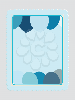 Blank Copy Space Blue Card With Balloons And Decorated Frame With String On Gray Background