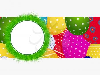 Easter Blank Copy Space Circular Border With Grass Over Panel With Decorated Easter Eggs On White Background