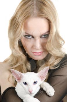 beauty young blond woman with oriental shorthair cat on a white. Focus special at cat face.