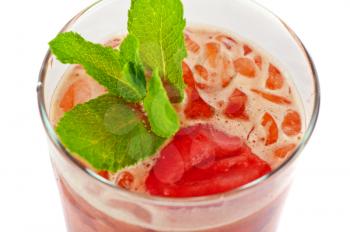 fresh cold tea with strawberry and ice on white