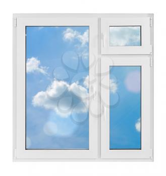 Plastic window with sky on white background