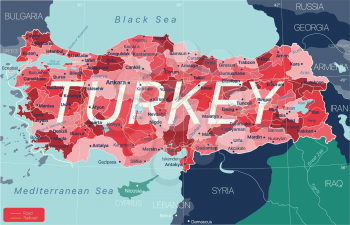 Turkey country detailed editable map with regions cities and towns, roads and railways, geographic sites. Vector EPS-10 file