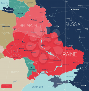 Belarus and Ukraine countries detailed editable map with regions cities and towns, roads and railways, geographic sites. Vector EPS-10 file