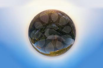 Planet spherical panorama 360 of summer roads and river in Barnaul city, Altai, Russia. Aerial drone picture.