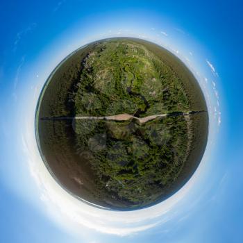 360 spherical panorama of aerial top vew of winding river