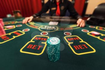 Casino, gambling and entertainment concept - poker game, point of view