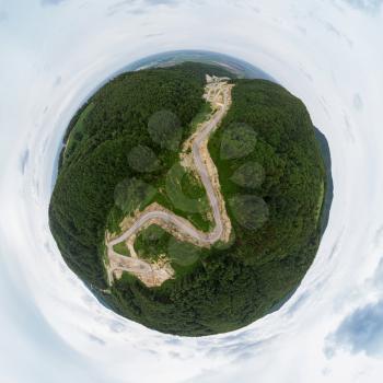 360 spherical panorama of aerial top vew of winding road in the mountains, Altai Krai, Western Siberia, Russia. Road to Resort town Belokurikha 2. Virtual reality content