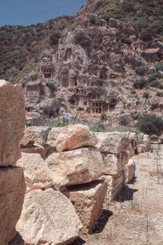Ancient lycian Myra rock tomb ruins at Turkey Demre
