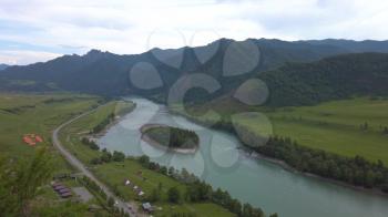 Mountain river Katun, green valley, beauty summer evening, Altai mountains