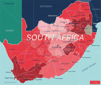 South Africa country detailed editable map with regions cities and towns, roads and railways, geographic sites. Vector EPS-10 file