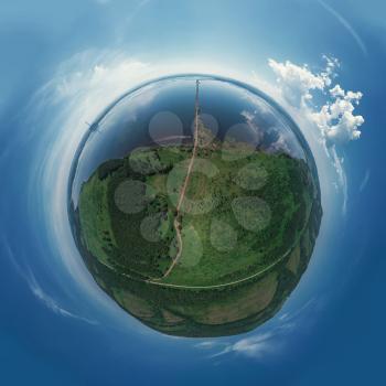 360 spherical panorama of aerial top vew of sea landscape with road in sunny summer. Virtual reality content