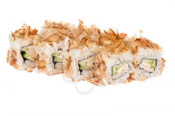 Sushi rolls with eel shaving with cucumber and fish on white