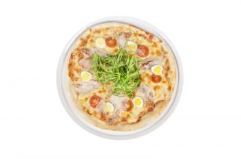 meat pizza with chicken, rukkola and eggs isolated on white