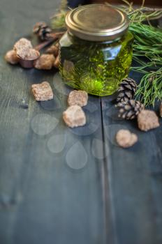 Fir tree bump jam on wooden background