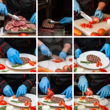 Set photos of Chef preparing meat steak