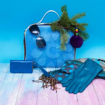 Blue Female accessories on blue background, new year theme