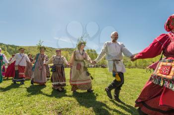 TOPOLNOE, ALTAY, RUSSIA - May 27, 2018: Folk festivities dedicated to the feast of the Holy Trinity. Ancient Russian rite: traditional dances.