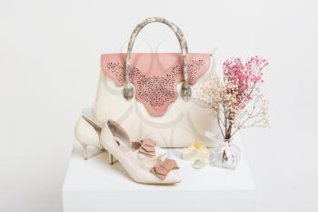 Female handbag, shoes and bouquet of dried flowers on white background