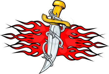 Sharp dagger with barbed wire and flames for tattoo design