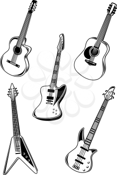 Set of music acoustic and electrical guitars isolated on white background