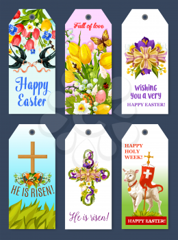 Easter holiday tag and gift label set. Easter egg with flower of tulip, lily and narcissus, Easter cross with spring flowers and ribbon bow, lamb of God, flying swallow bird cartoon banner design