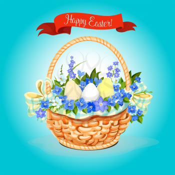 Happy Easter greeting card of paschal eggs and springtime flowers wicker basket with bunch of tulips, snowdrops and lily of valley. Vector Easter poster template for Resurrection Sunday religion sprin