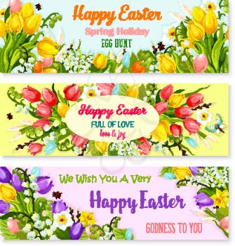 Happy Easter greeting banners set of paschal egg hunt and springtime flowers. Vector design of tulips, snowdrops and lily of valley bunch. Easter templates for Resurrection Sunday religion holiday