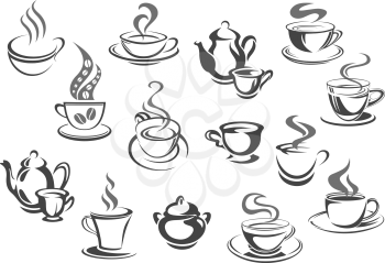 Cup of coffee and tea isolated icon set. Cup and mug of hot drinks with teapot, sugar bowl and saucer. Retro dinnerware for tea party, cafe or restaurant menu, coffee or tea packaging label design