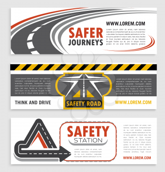 Road and traffic safety banner template set. Highway road turn, crossroad and freeway intersection symbols with warning tape for transportation company and travel agency flyer, brochure design