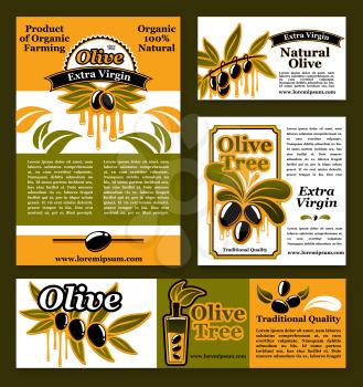 Olive oil products and organic products banners and posters vector set. Design of black olives branch and green olive extra virgin oil nutrition information templates for product package or Italian cu