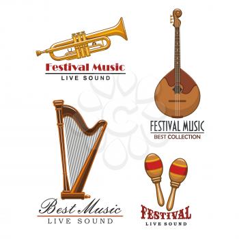 Live music festival or sound concert vector icons. Isolated symbols templates set of musical instruments sax or saxophone trumpet, orchestra harp and maracas, string guitar or banjo