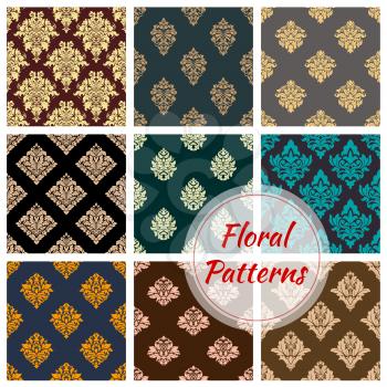 Floral seamless pattern background set with damask flower ornament. Ornate baroque motif of victorian flourishes, curved leaf and petal for wallpaper or fabric embellishment design