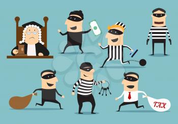 Crime and punishment. Vector thief man characters and judge with gavel for theft or robbery concept. Set of robber burglars with guns in masks stealing money, taxes, credit cards, door keys