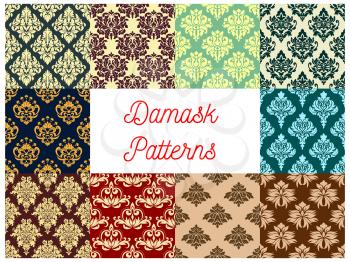 Seamless patterns of floral damask ornament with flowers, adorned by leaf swirls and curlicues. Wallpaper, interior decor, fabric design